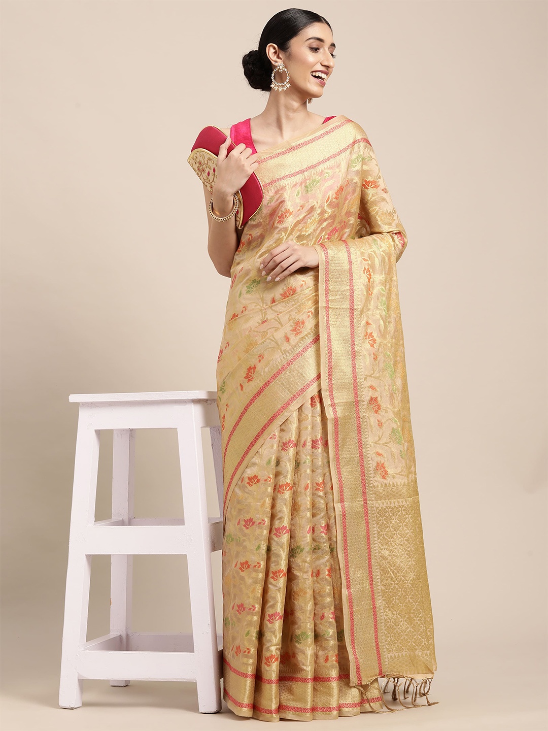 

Sangria Floral Woven Design Zari Organza Saree, Beige