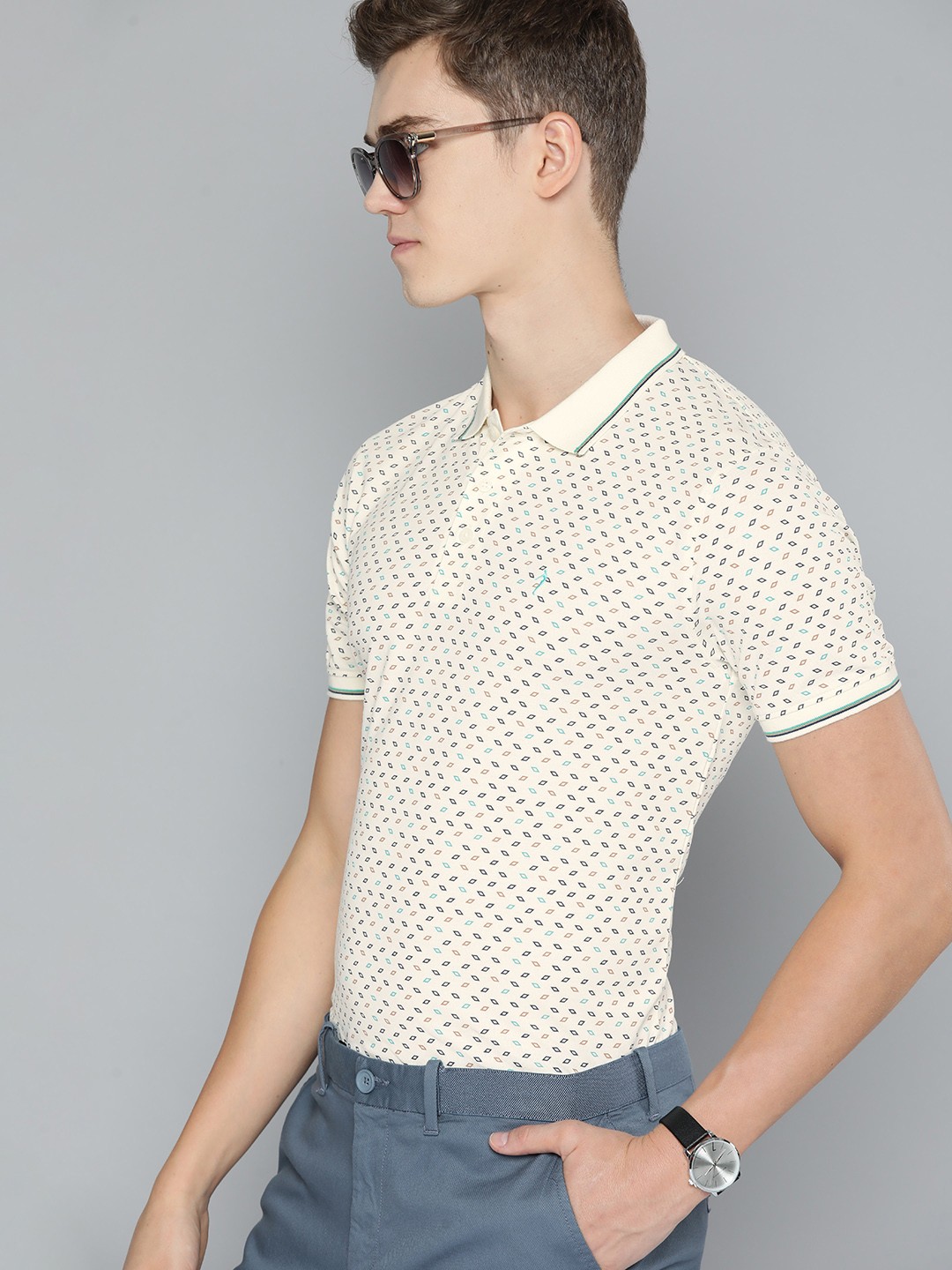 

Indian Terrain Pure Cotton Geometric Printed Polo Collar Slim Fit T-shirt, Cream