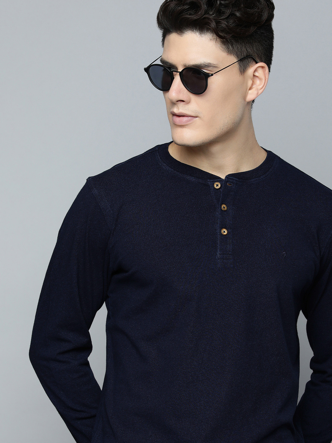 

Indian Terrain Henley Neck Indigo Pure Cotton T-shirt, Navy blue