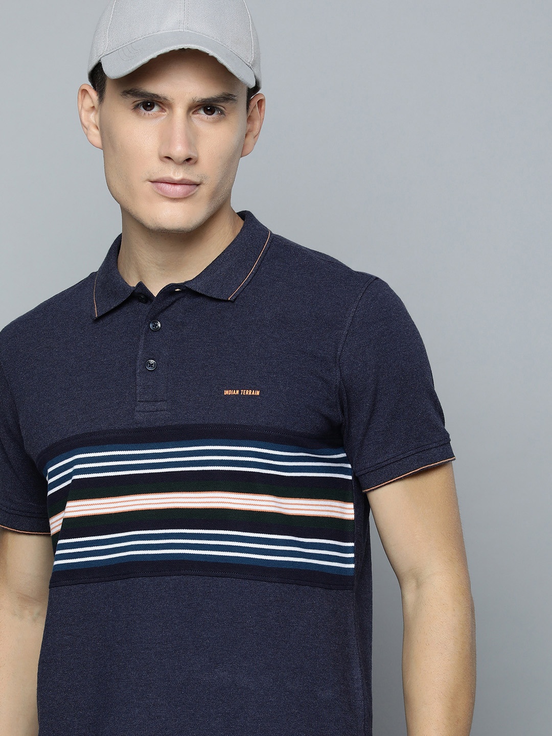 

Indian Terrain Striped Pure Cotton Polo T-shirt, Navy blue