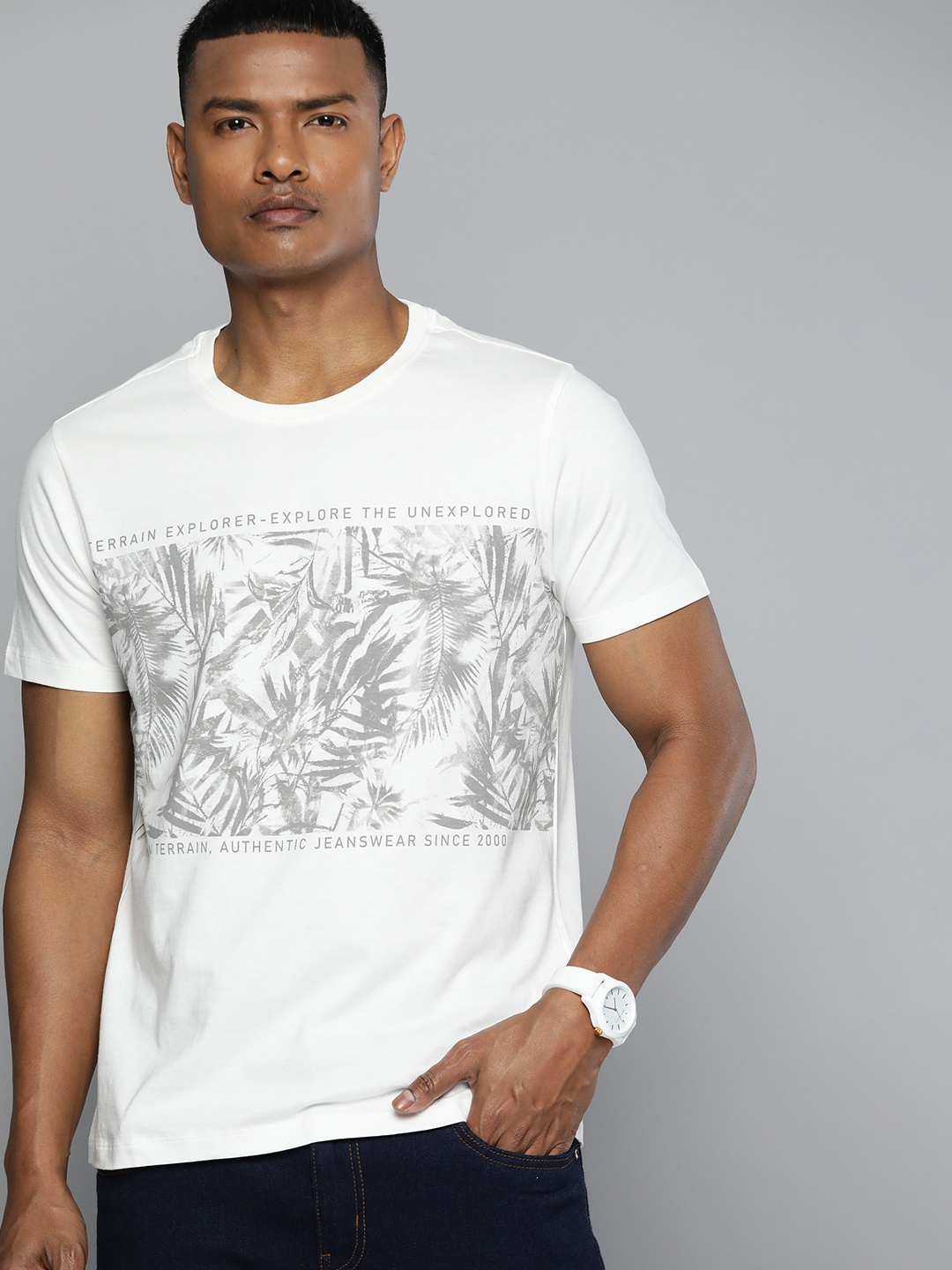 

Indian Terrain Tropical Print Pure Cotton T-shirt, White