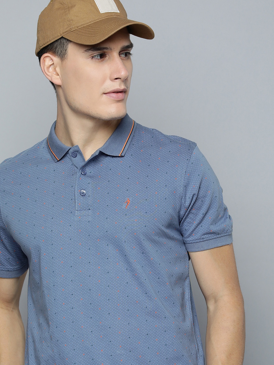 

Indian Terrain Micro Ditsy Printed Pure Cotton Polo T-shirt, Blue