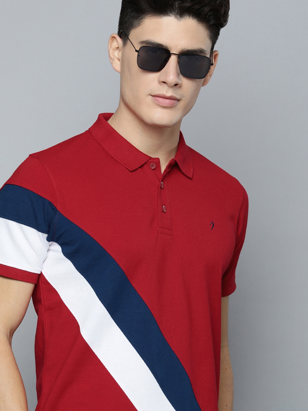 

Indian Terrain Men Red & Navy Blue Striped Polo Collar Pure Cotton Slim Fit T-shirt