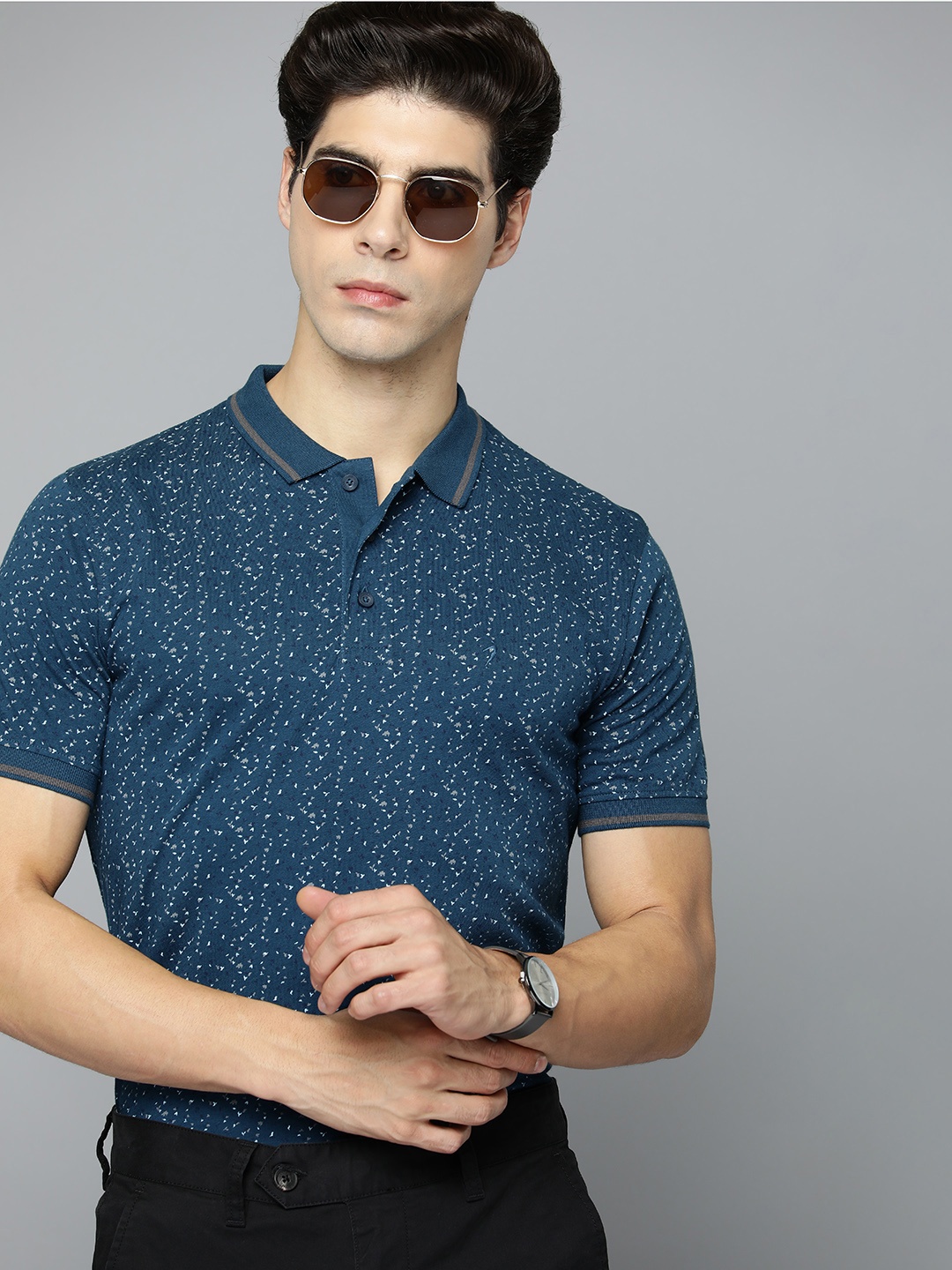 

Indian Terrain Pure Cotton Micro Printed Polo Collar Slim Fit T-shirt, Blue