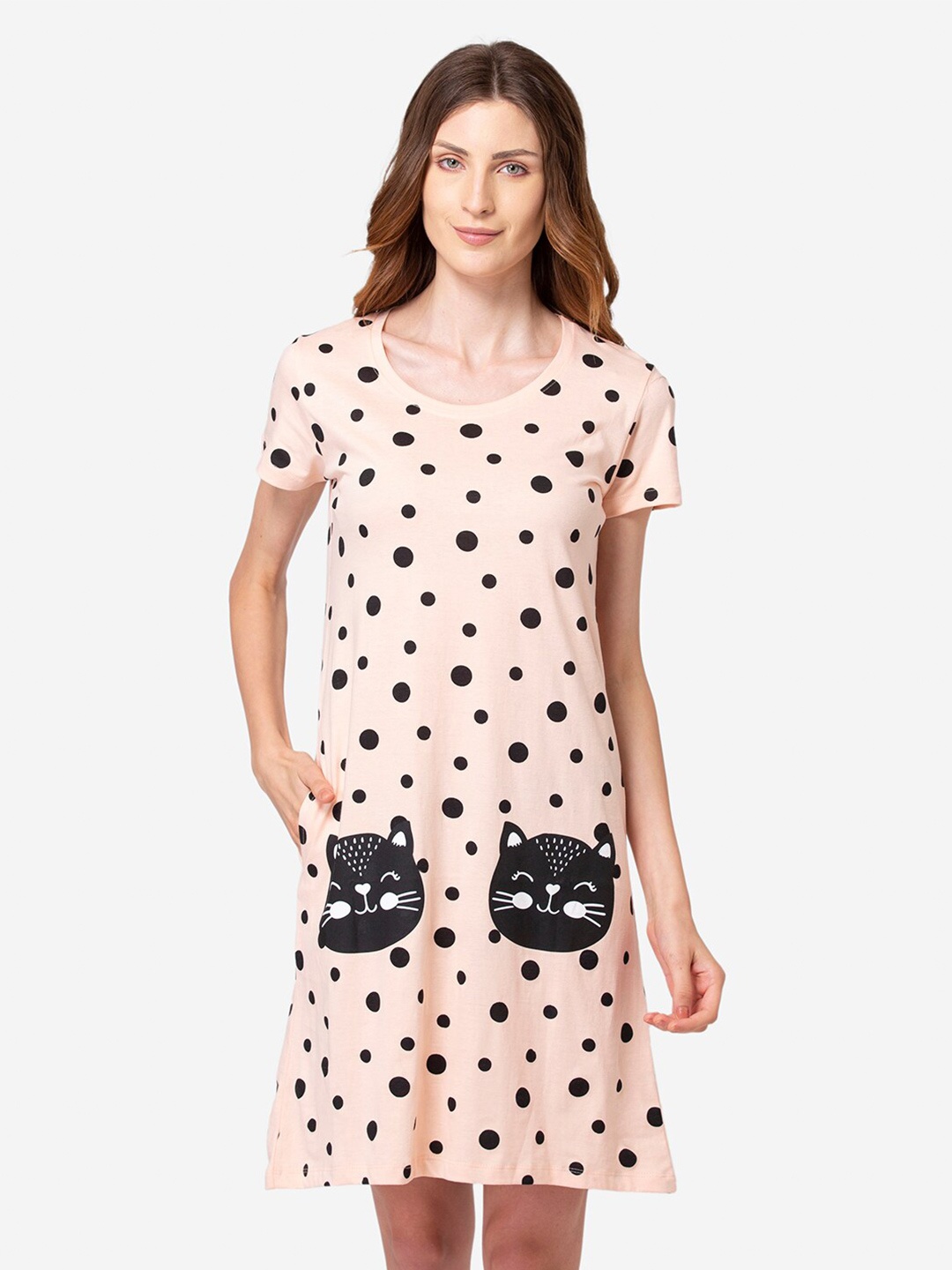 

Lounge Dreams Round Neck Polka Dot Printed Pure Cotton Nightdress, Peach