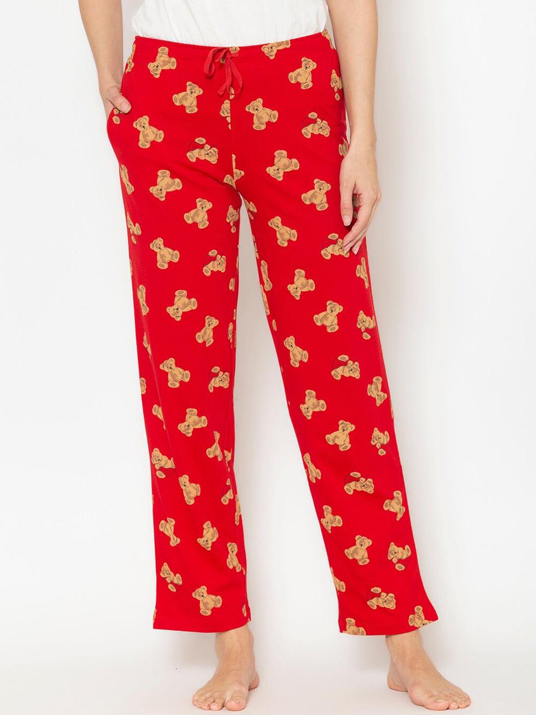 

Lounge Dreams Women Teddy Bear Printed Pure Cotton Straight Lounge Pants, Red