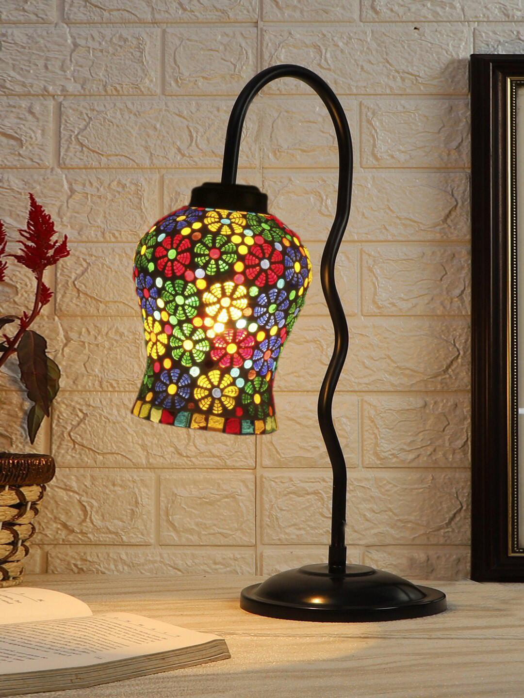 

Devansh White & Yellow Mosaic Printed Glass Zig Zag Curvy Iron Metal Table Lamp
