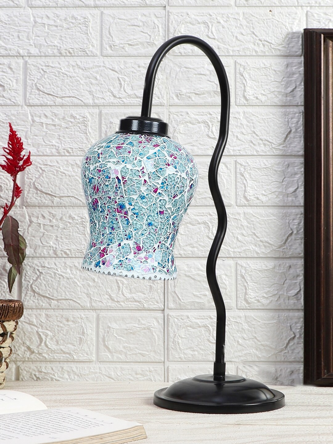 

Devansh Black & Blue Printed Zig Zag Curvy Table Lamp With Mosaic Glass Lamp Shade