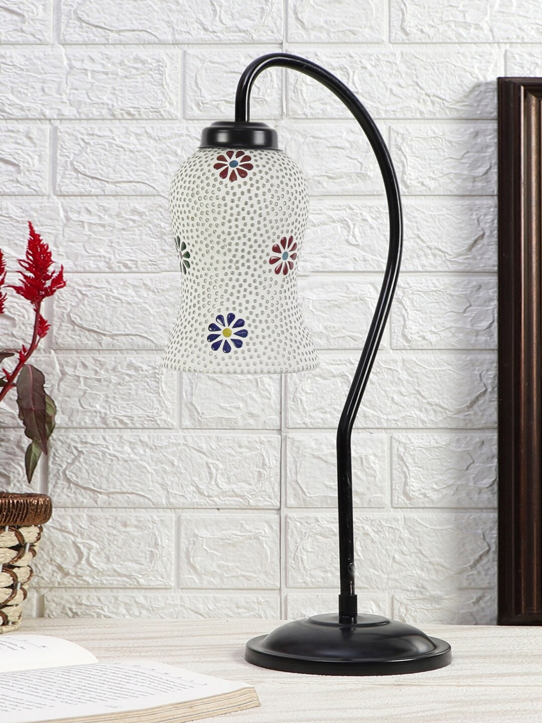 

Devansh White & Red Floral Mosaic Design Lamp Glass Table Lamp With Iron Curvy Base