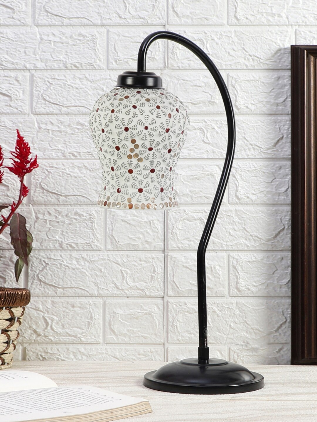 Devansh Black & White Printed Curvy Table Lamp With Mosaic Glass Shade