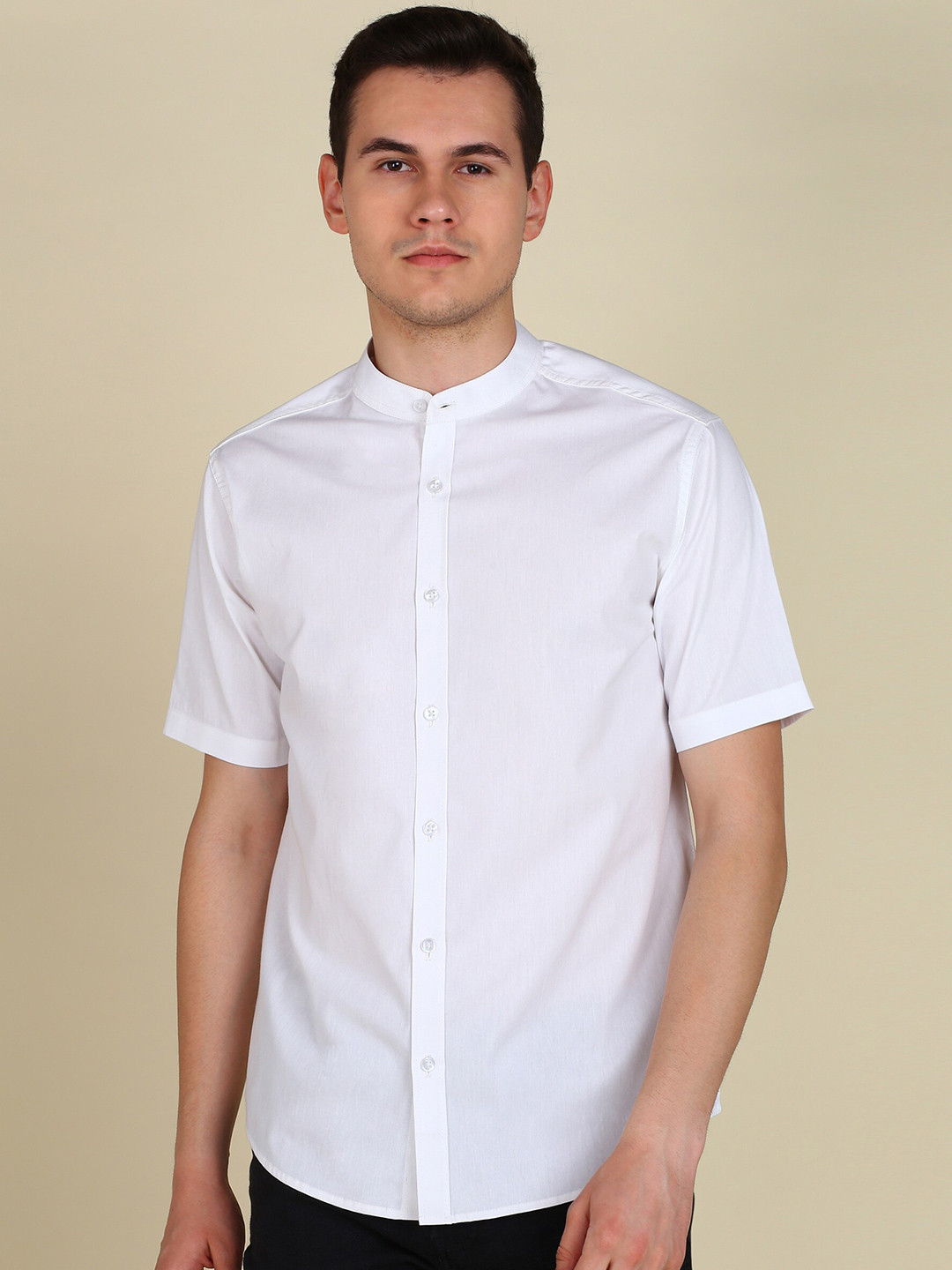 

MONTREZ Mandarin Collar Twill Cotton Casual Shirt, White