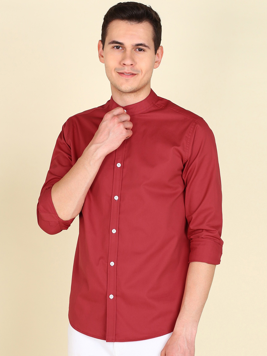 

MONTREZ Mandarin Collar Twill Cotton Casual Shirt, Maroon