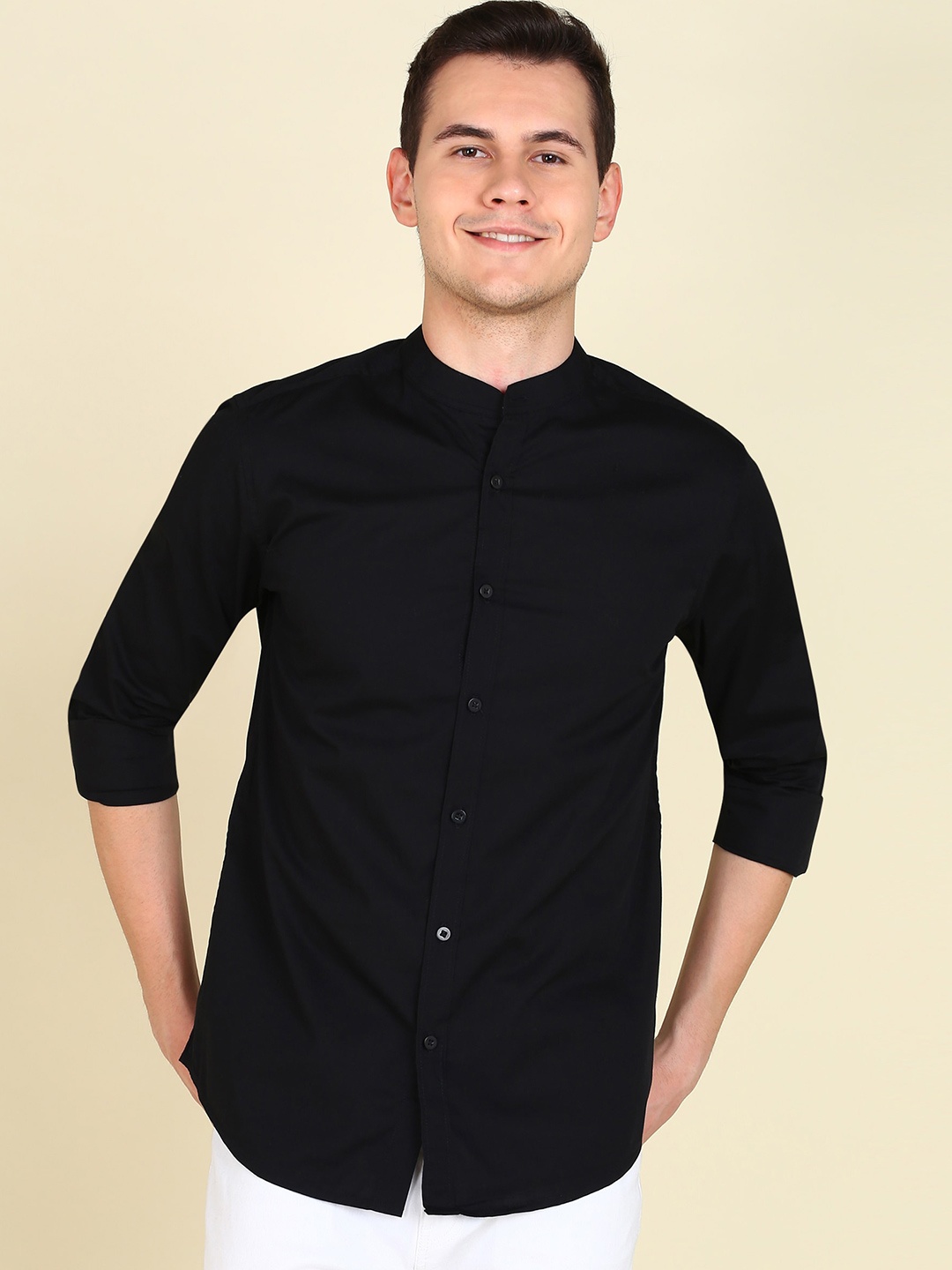 

MONTREZ Mandarin Collar Twill Cotton Casual Shirt, Black