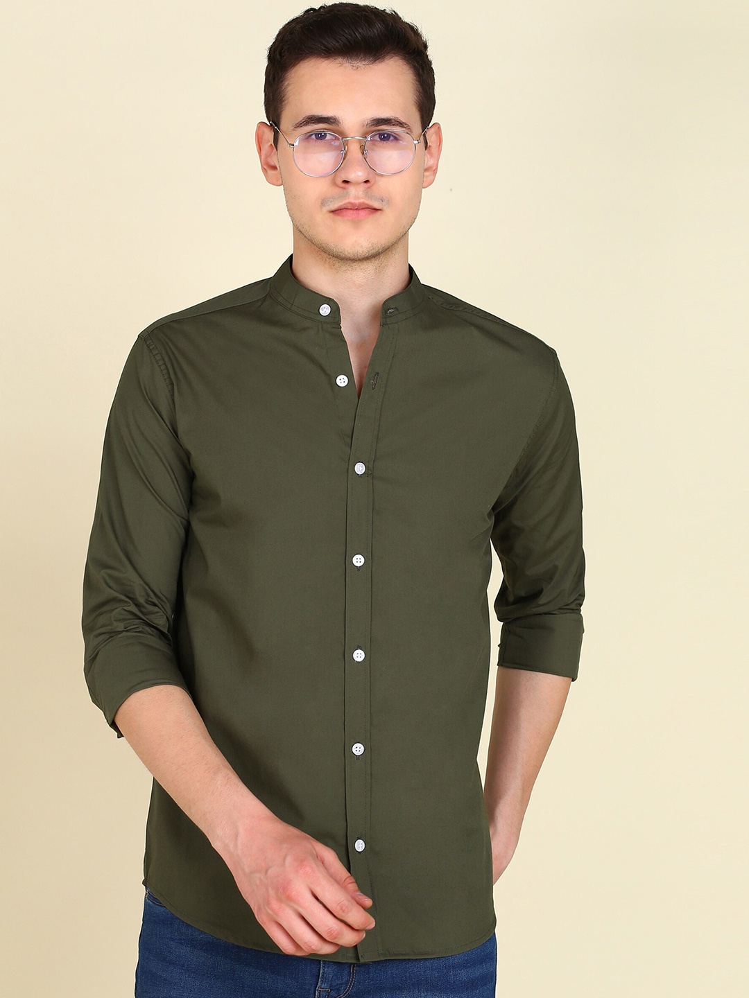 

MONTREZ Mandarin Collar Twill Cotton Casual Shirt, Green