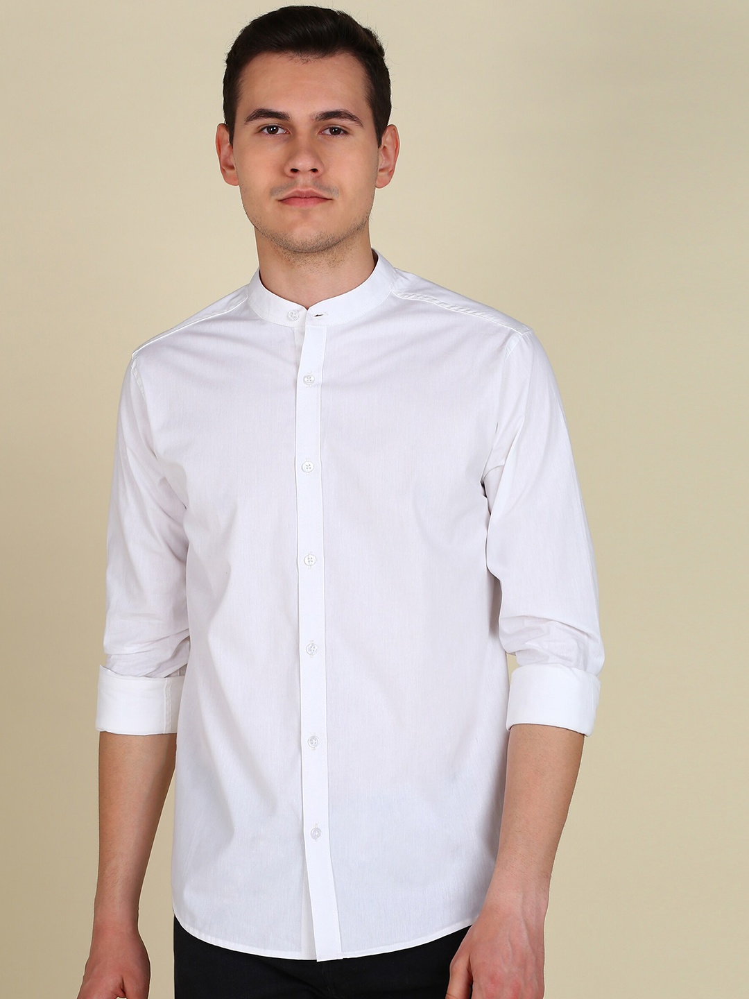 

MONTREZ Band Collar Twill Cotton Casual Shirt, White