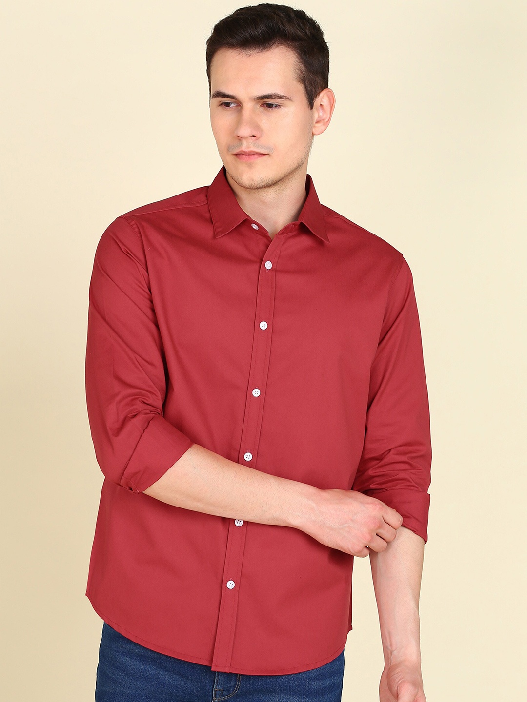 

MONTREZ Regular Fit Twill Cotton Casual Shirt, Maroon