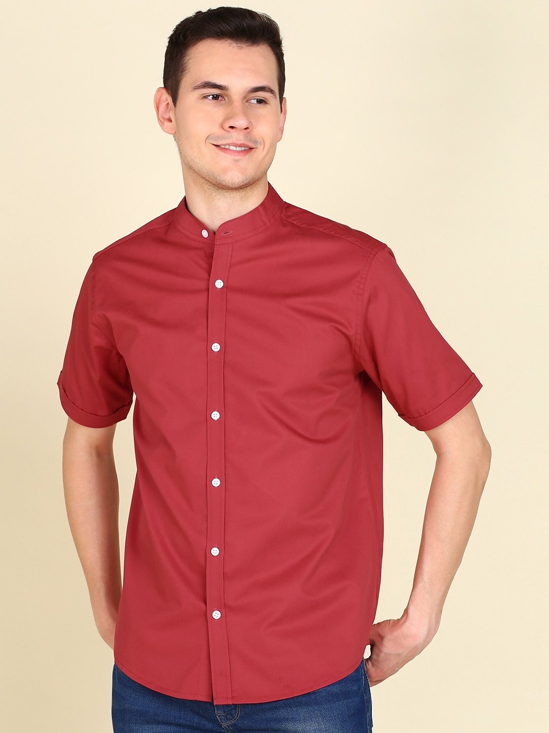 

MONTREZ Mandarin Collar Twill Cotton Casual Shirt, Maroon