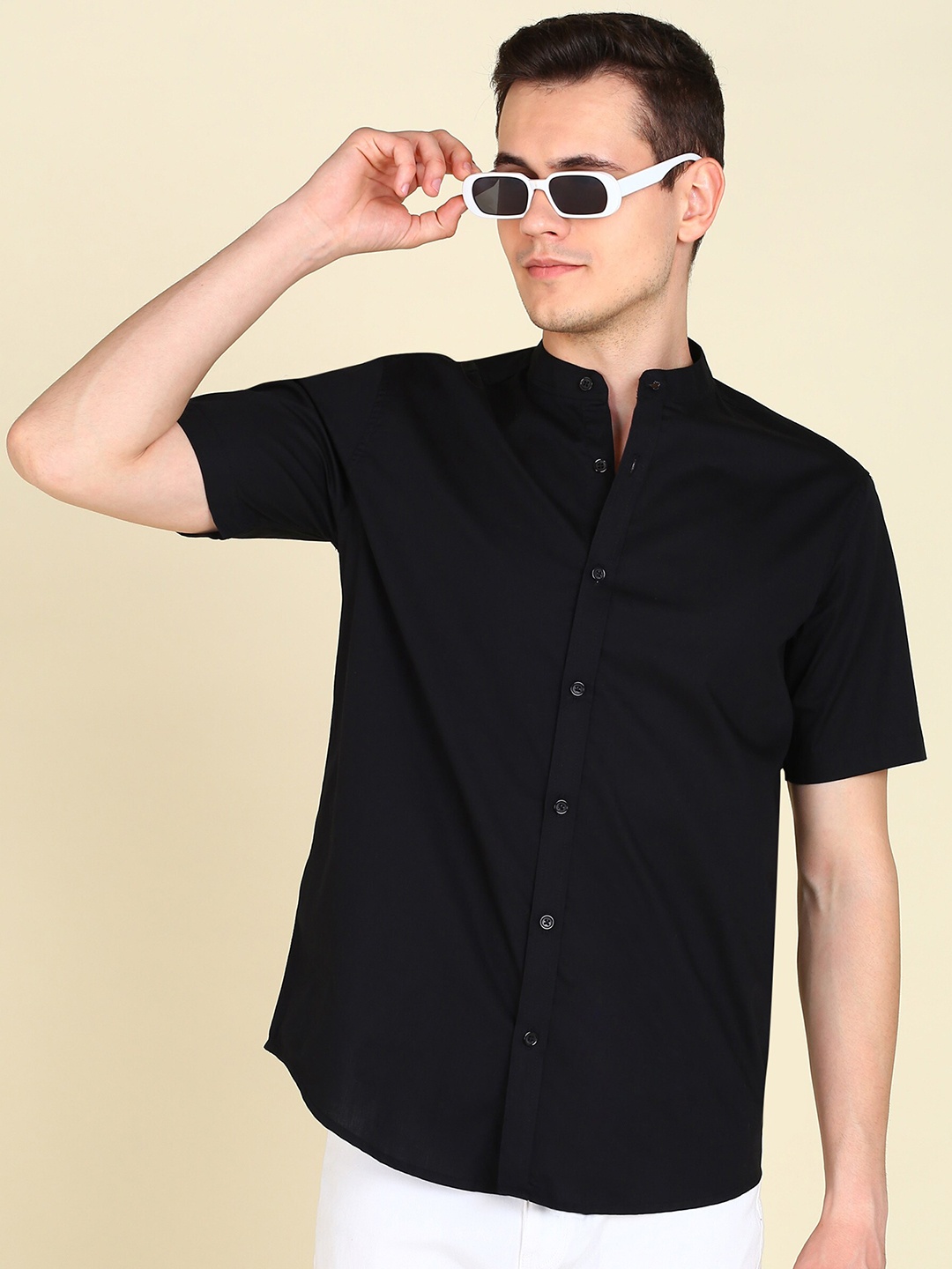 

MONTREZ Mandarin Collar Twill Cotton Casual Shirt, Black