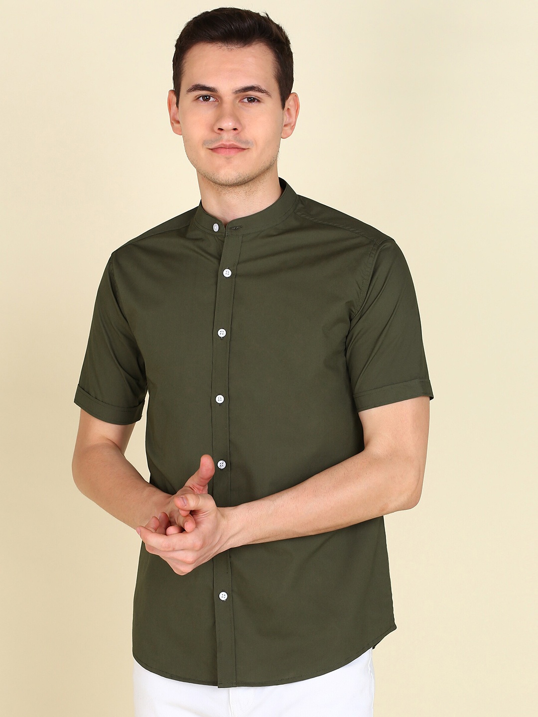 

MONTREZ Mandarin Collar Twill Cotton Casual Shirt, Green
