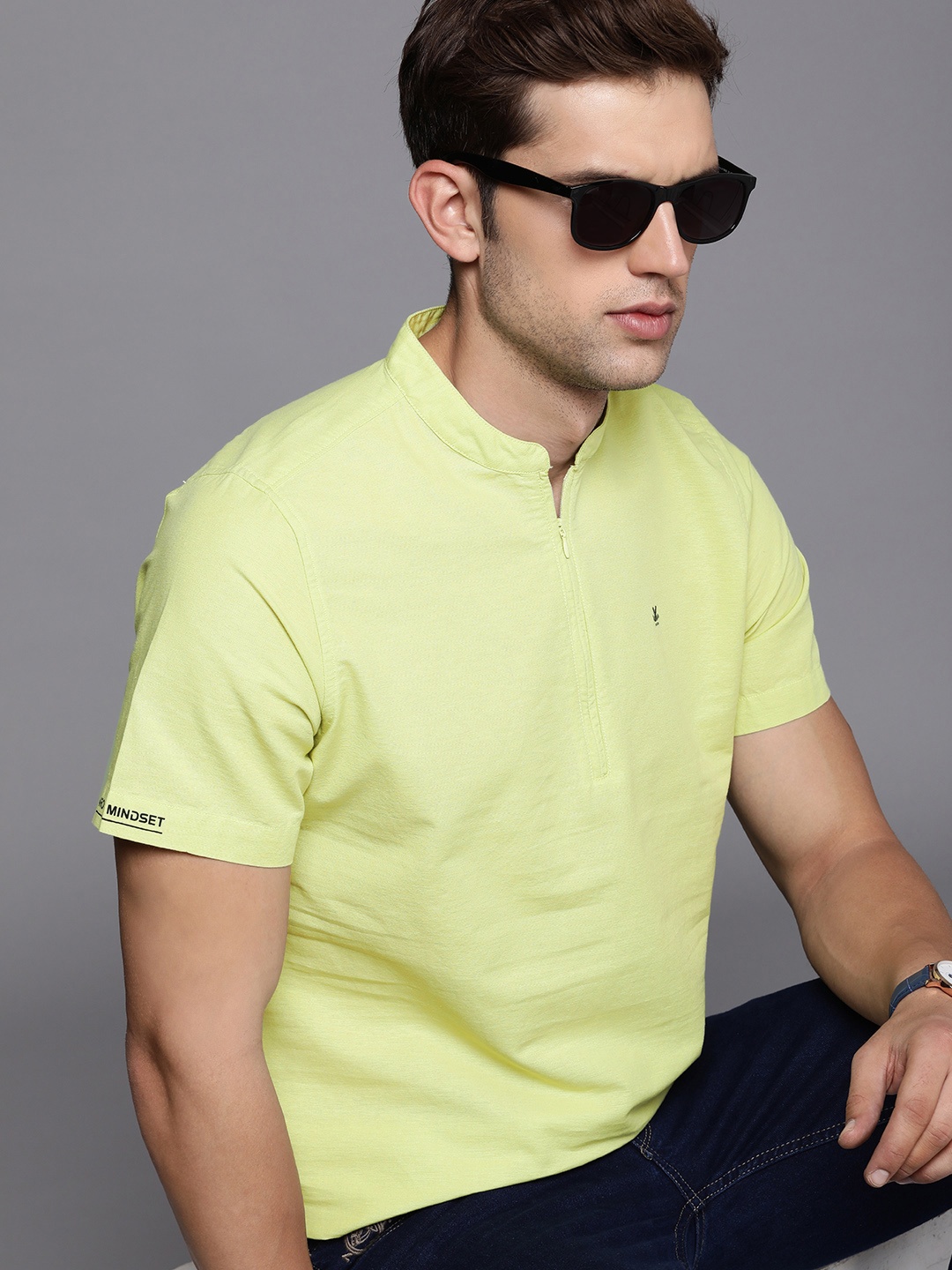 

WROGN Brand Logo Embroidered Mandarin Collar Pure Cotton T-shirt, Green
