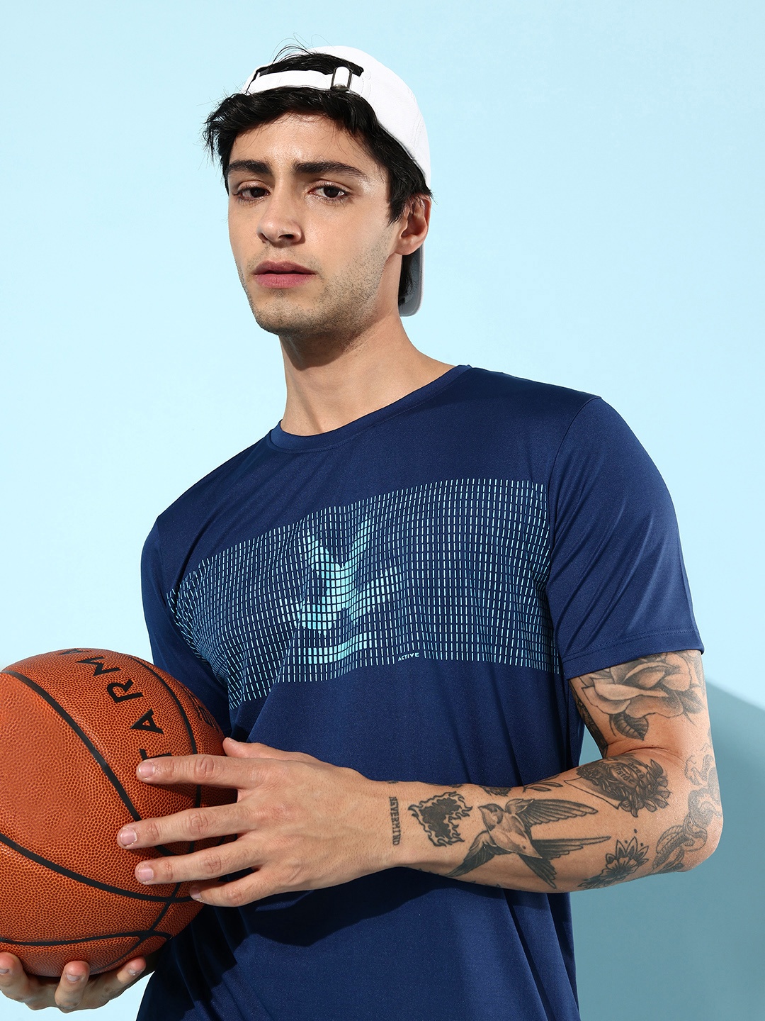 

WROGN ACTIVE Brand Logo Printed Dry-Pro Slim Fit T-shirt, Navy blue
