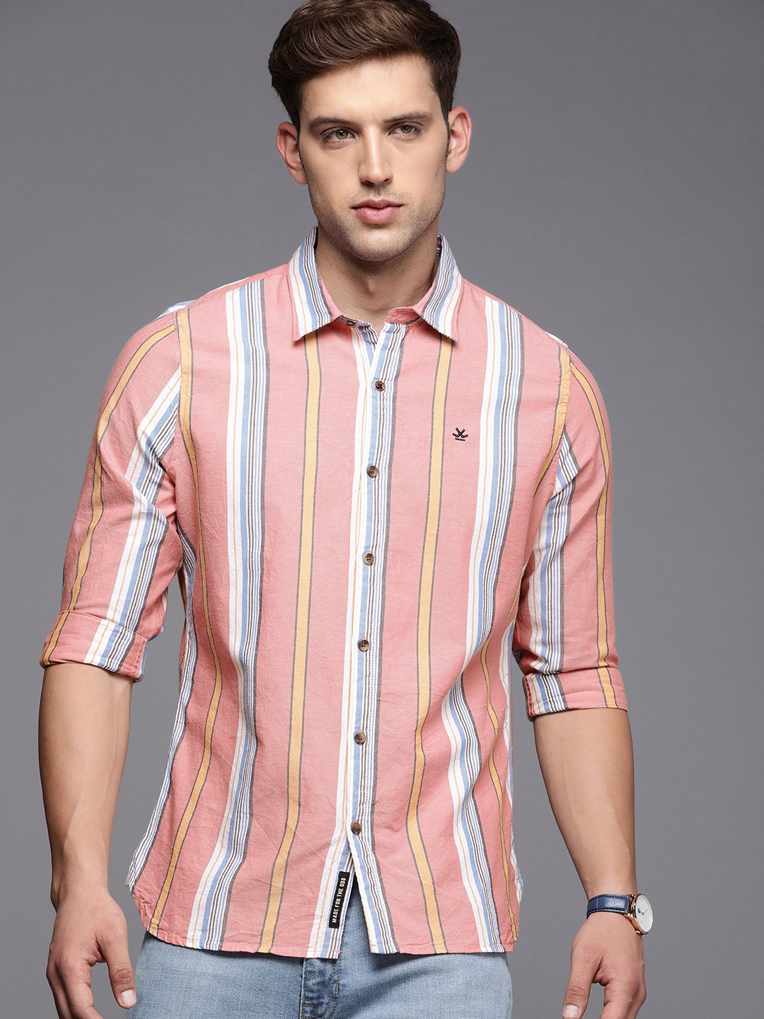 

WROGN Slim Fit Striped Pure Cotton Casual Shirt, Peach