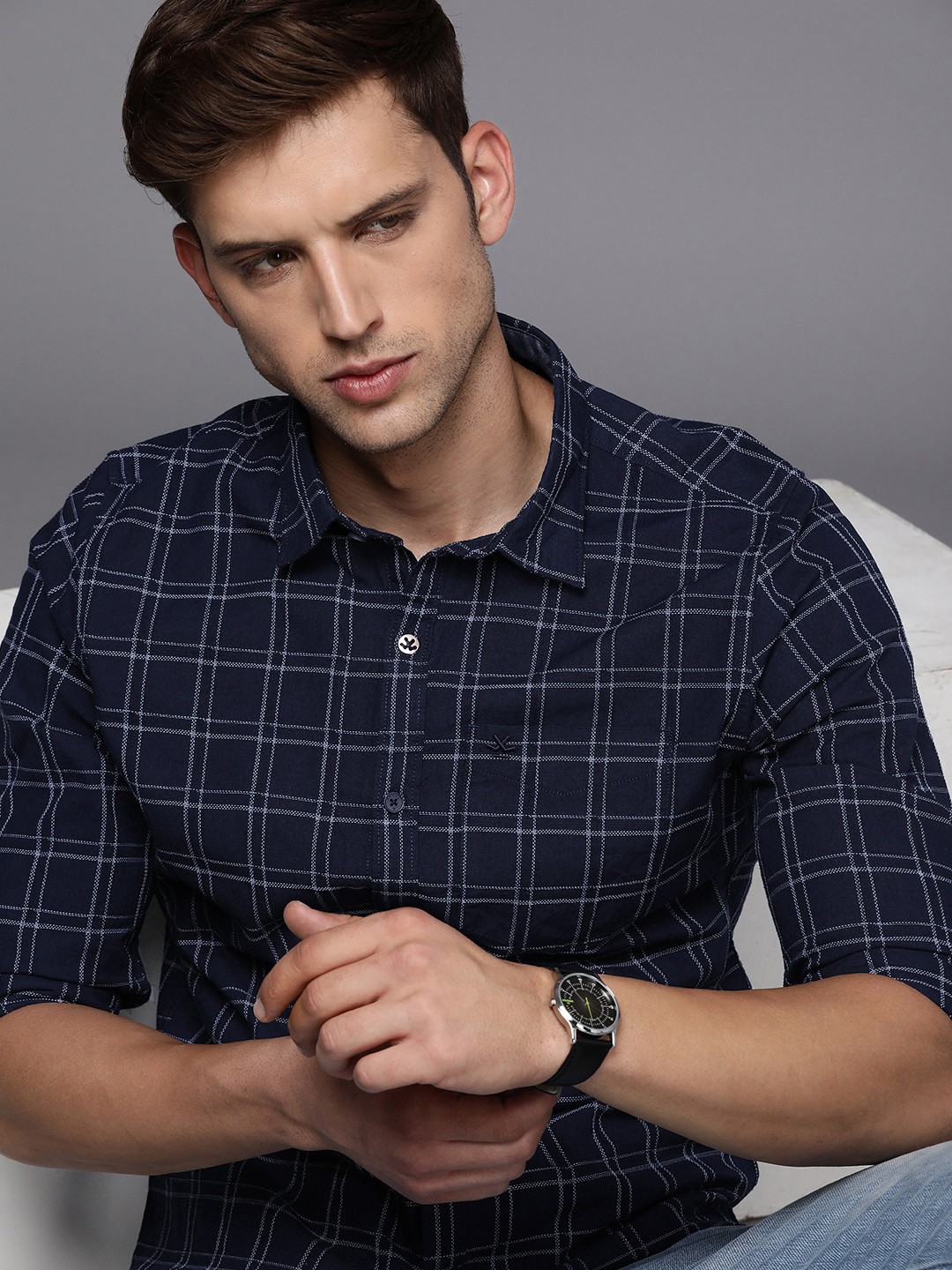 

WROGN Men Pure Cotton Slim Fit Tartan Checks Casual Shirt, Navy blue
