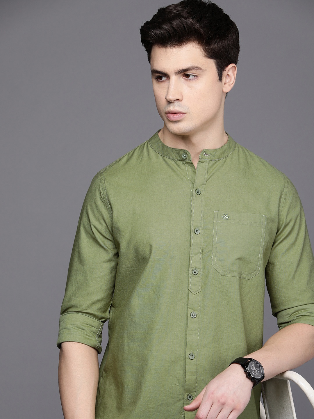 

WROGN Men Pure Cotton Solid Band Collar Slim Fit Opaque Casual Shirt, Green
