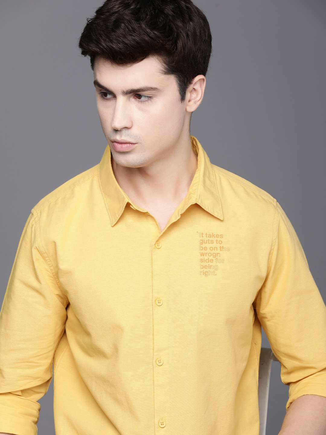 

WROGN Men Pure Cotton Slim Fit Opaque Printed Casual Shirt, Yellow