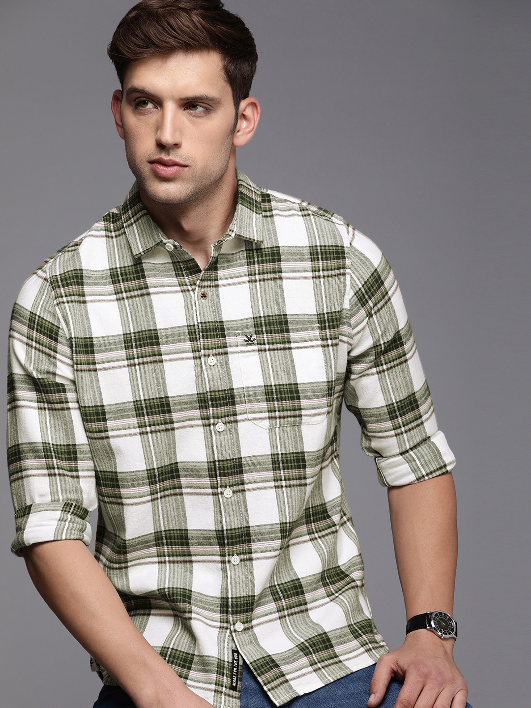 

WROGN Men Pure Cotton Slim Fit Tartan Checks Casual Shirt, Green