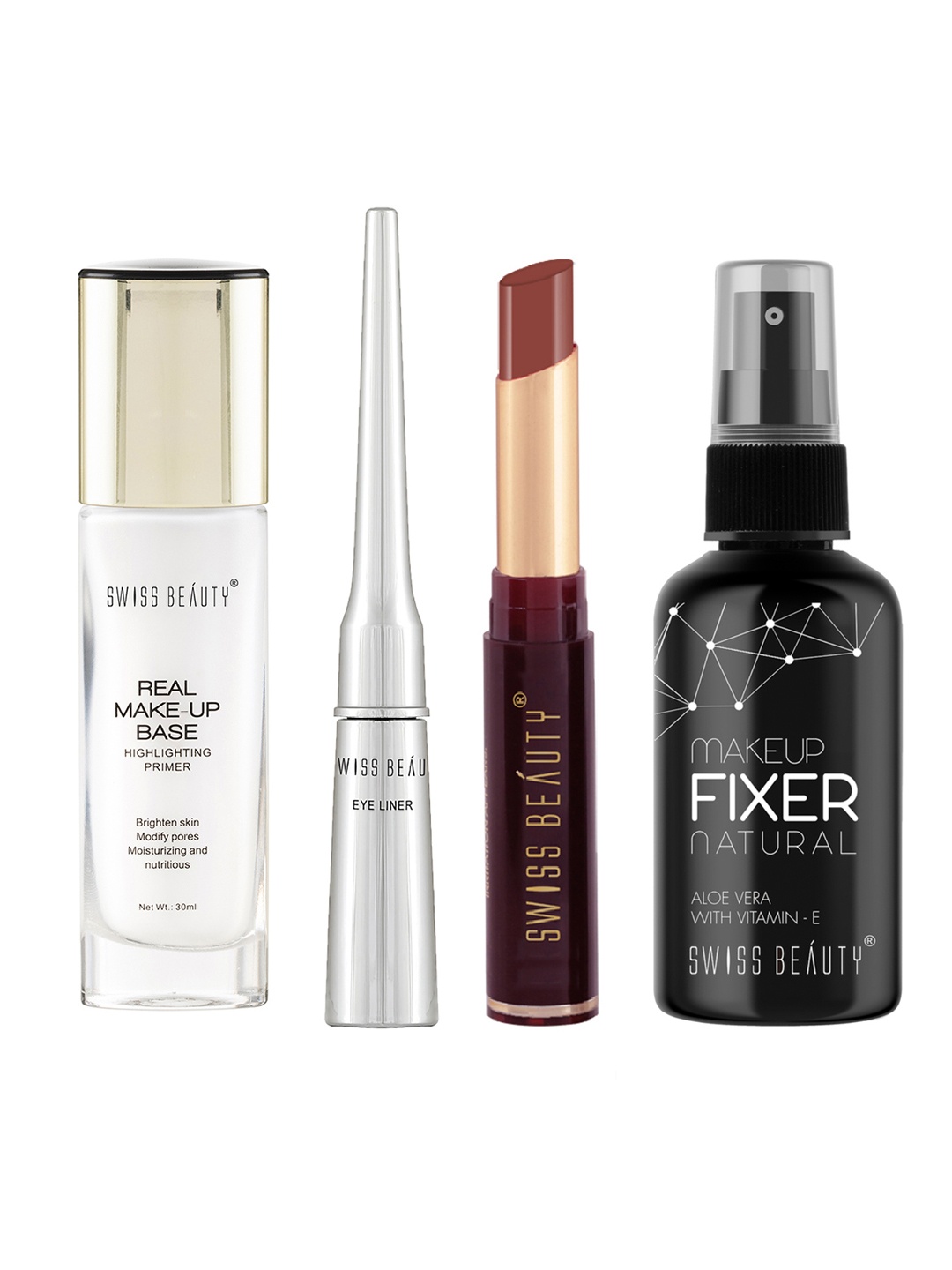 

SWISS BEAUTY Real Make-Up Base Primer + Lipstick + Bold Eyes Eyeliner + Makeup Fixer Spray, Maroon