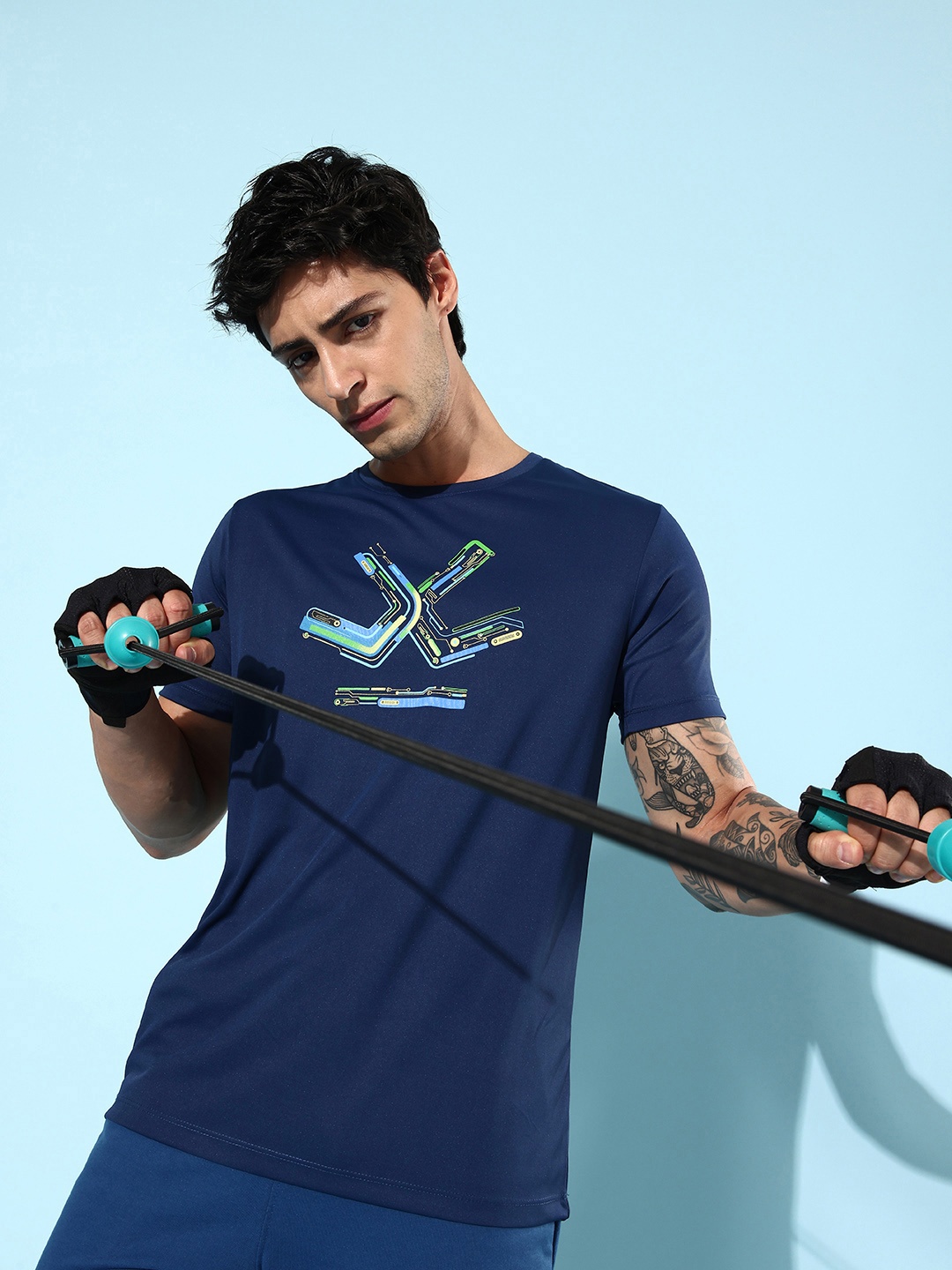

WROGN ACTIVE Brand Logo Printed Dry-Pro Slim Fit T-shirt, Navy blue