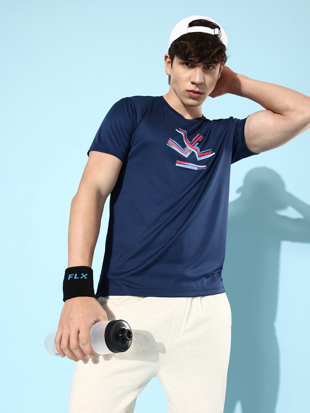 

WROGN ACTIVE Brand Logo Printed Dry-Pro Slim Fit T-shirt, Navy blue