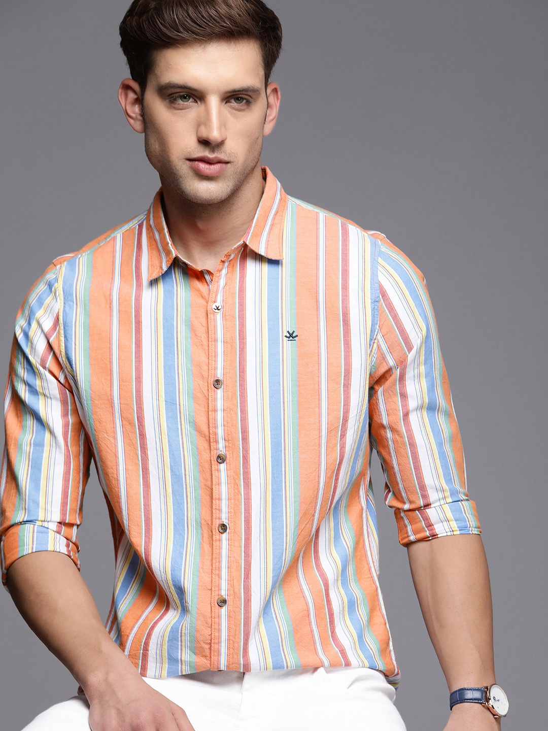 

WROGN Slim Fit Striped Pure Cotton Casual Shirt, Orange