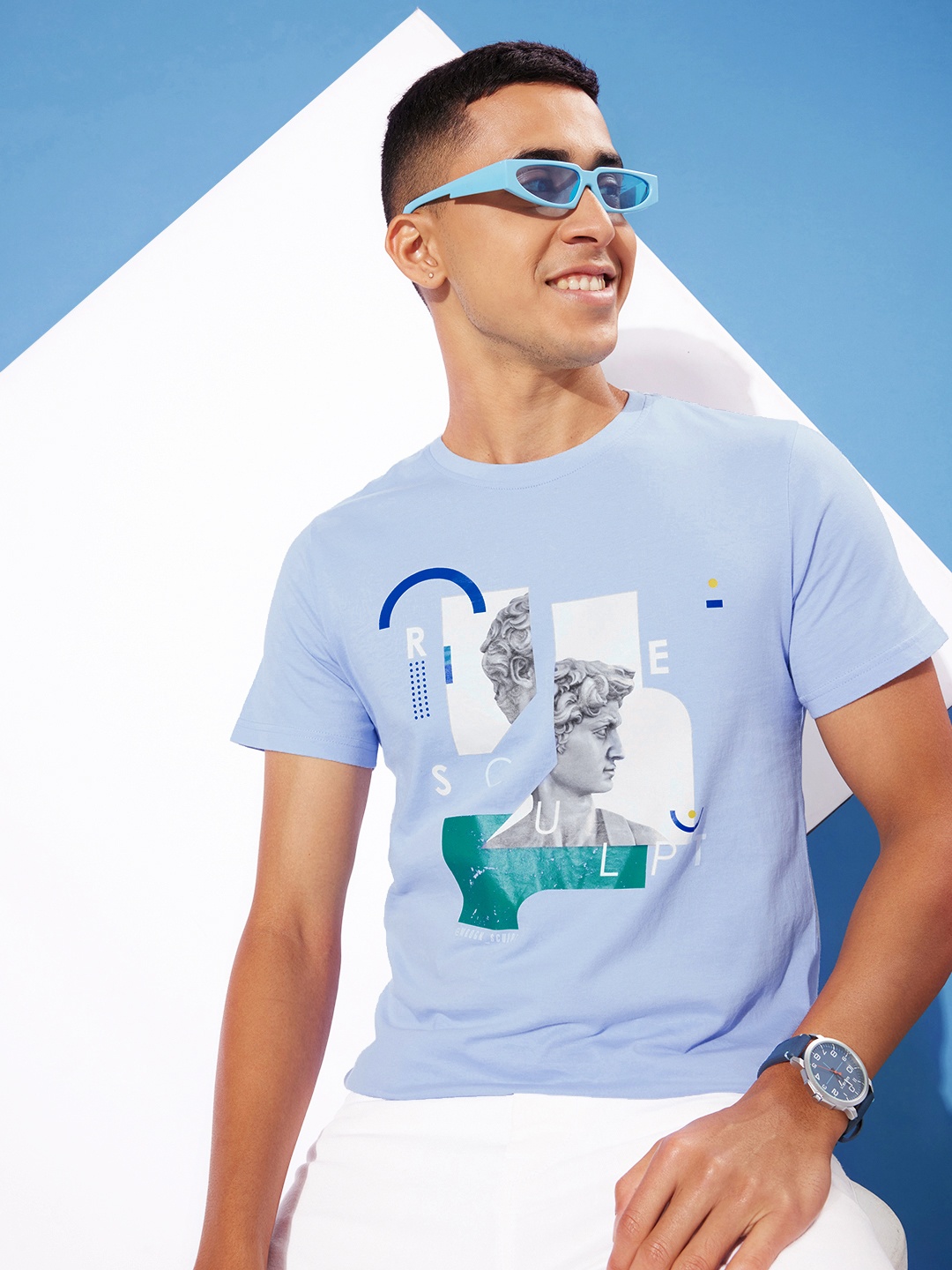 

WROGN Graphic Printed Pure Cotton Slim Fit T-shirt, Blue