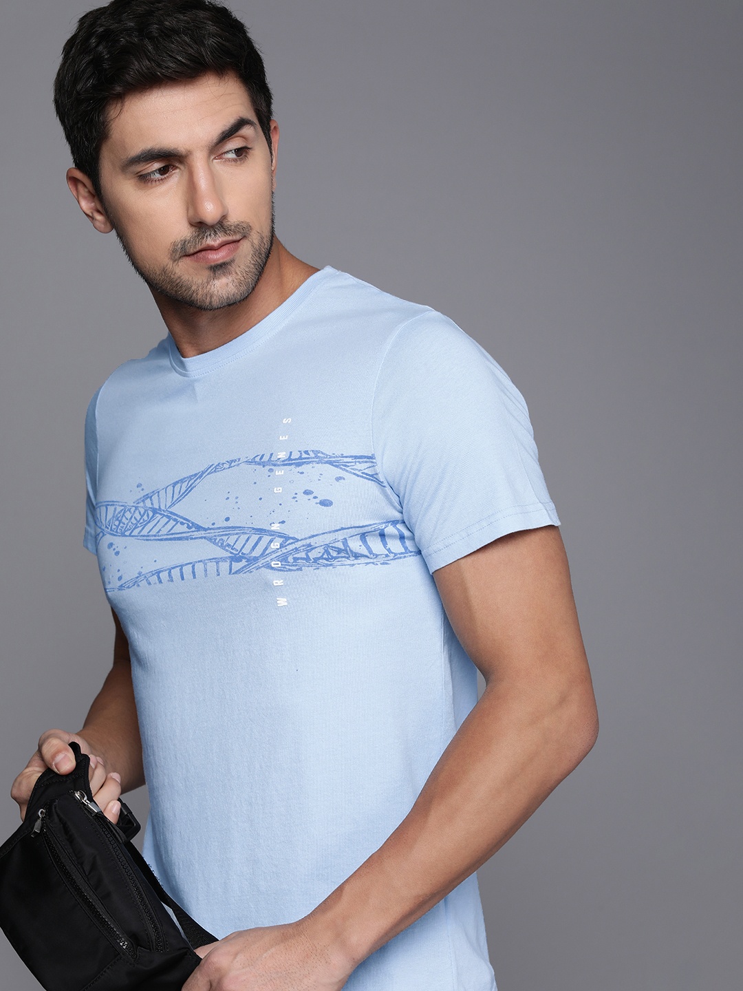 

WROGN Round Neck Printed Pure Cotton Slim Fit T-shirt, Blue