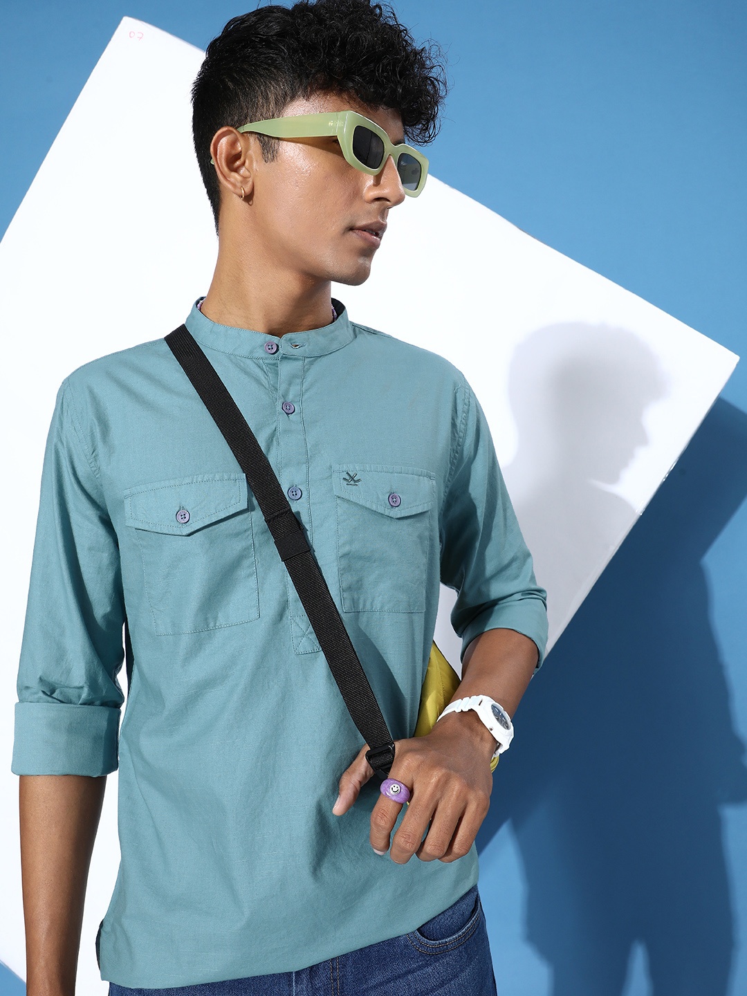 

WROGN Men Pure Cotton Solid Slim Fit Opaque Casual Shirt, Blue