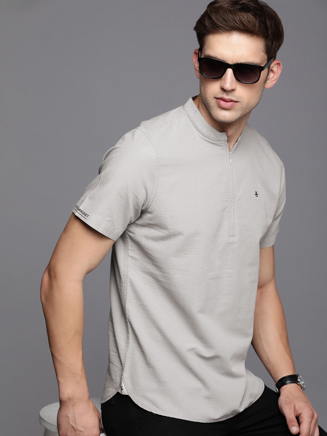 

WROGN Brand Logo Embroidered Mandarin Collar Pure Cotton Shirt, Grey