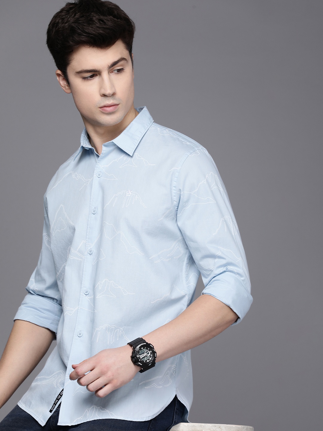 

WROGN Men Pure Cotton Slim Fit Opaque Printed Casual Shirt, Blue
