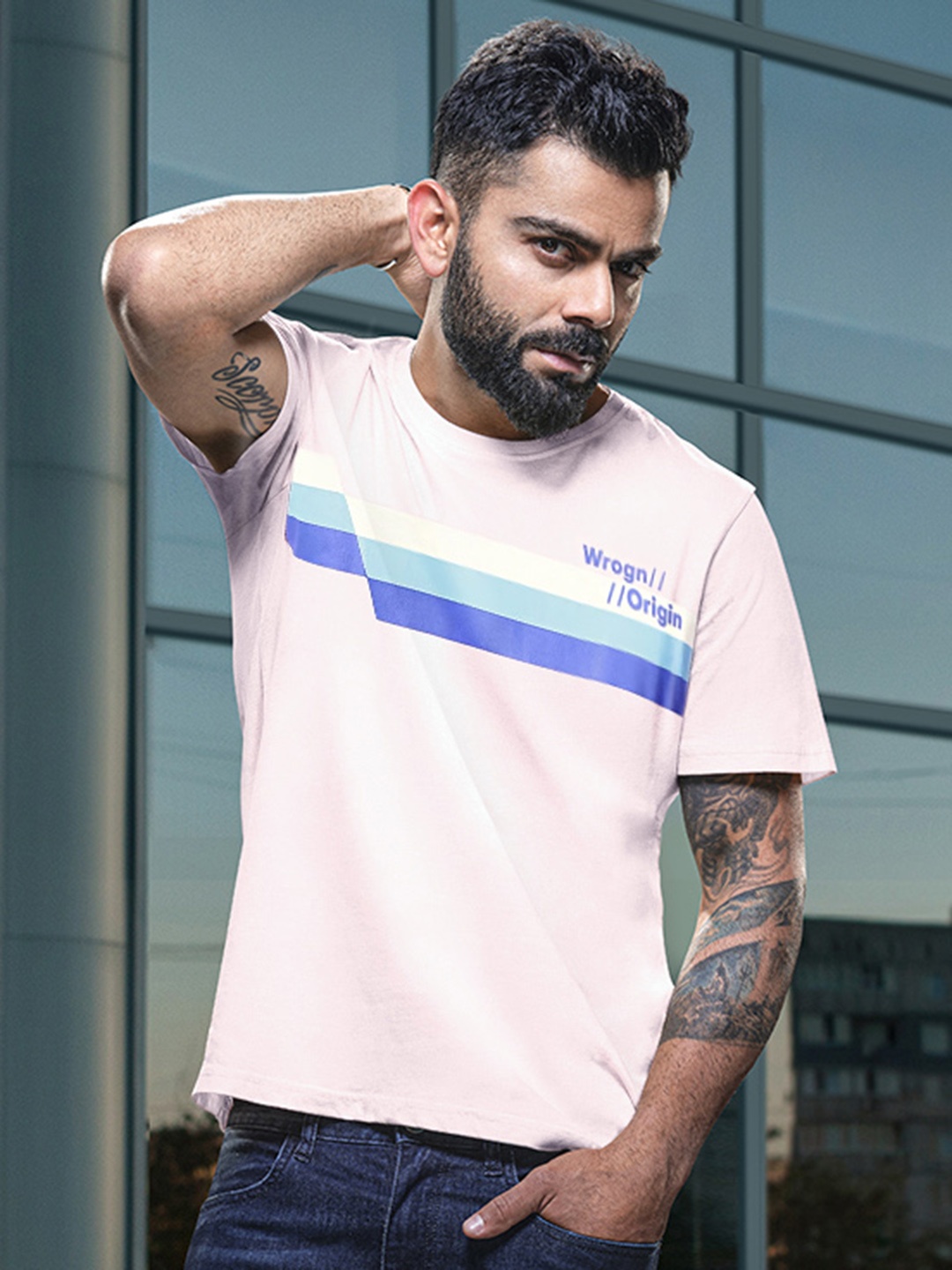 

WROGN Striped And Printed Pure Cotton Slim Fit T-shirt, Pink