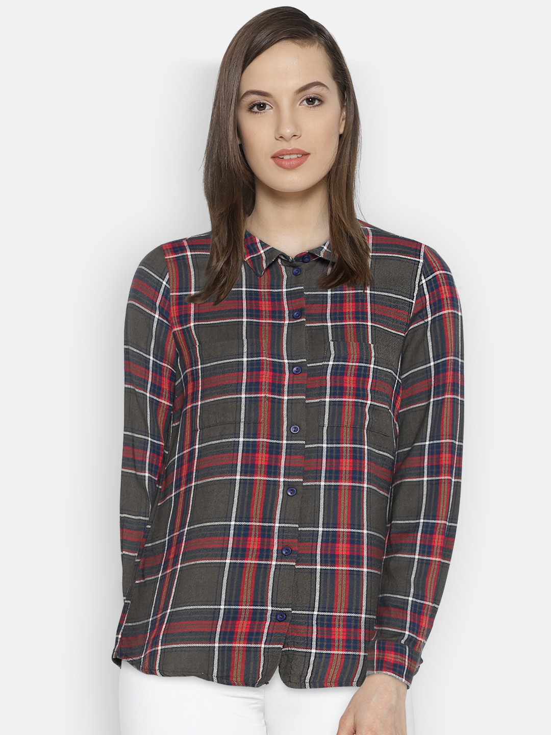 

ONLY Women Navy Blue Regular Fit Checked Casual Shirt, Olive
