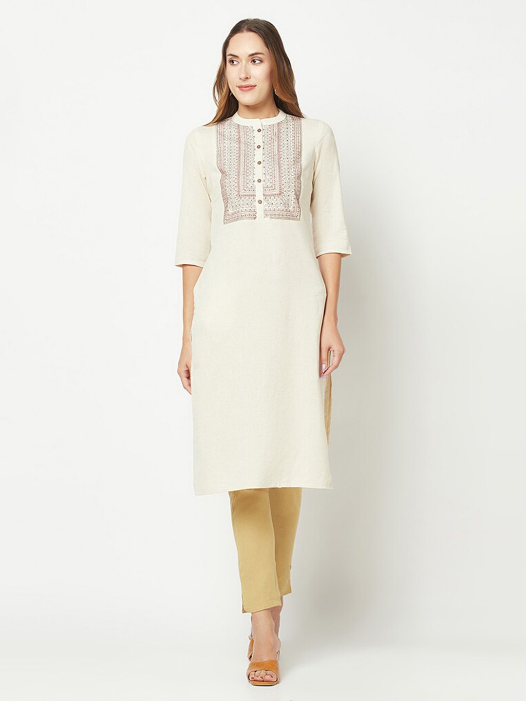 

BARARA ETHNIC Ethnic Motifs Embroidered Mandarin Collar Thread Work Kurta, Cream