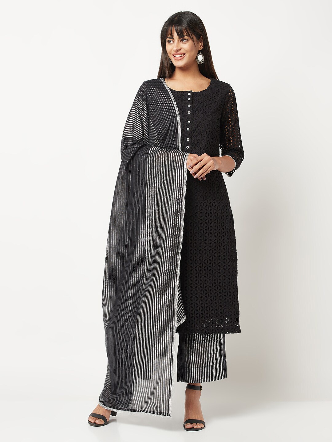 

BARARA ETHNIC Self Design Schiffli Pure Cotton Kurta With Palazzos & Dupatta, Black