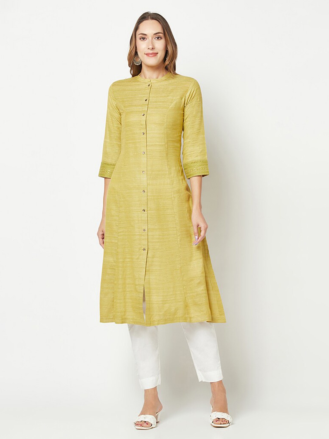 

BARARA ETHNIC Woven Design Mandarin Collar Thread Work Silk Cotton Kurta, Green