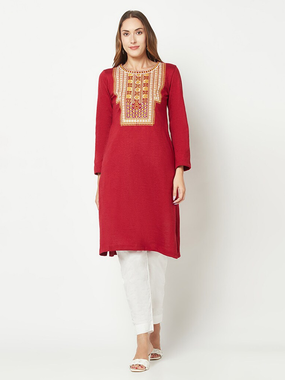 

BARARA ETHNIC Ethnic Motifs Embroidered Thread Work Pure Wool Kurta, Red