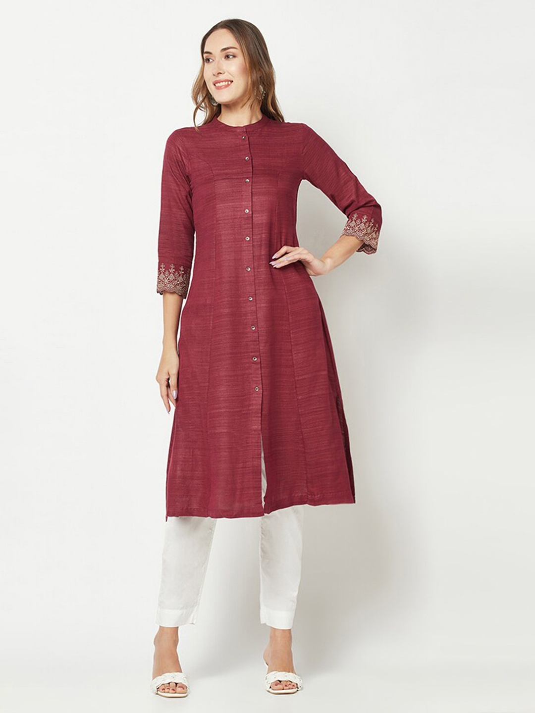 

BARARA ETHNIC Woven Design Mandarin Collar Thread Work Kurta, Maroon