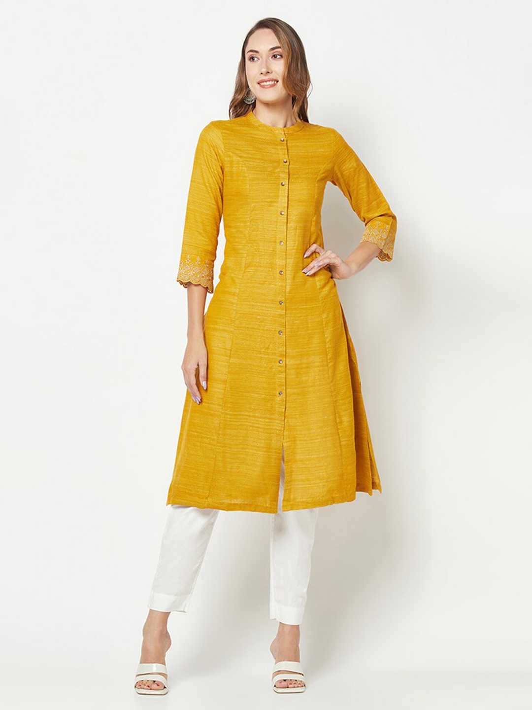 

BARARA ETHNIC Woven Design Mandarin Collar Thread Work Silk Cotton Kurta, Mustard