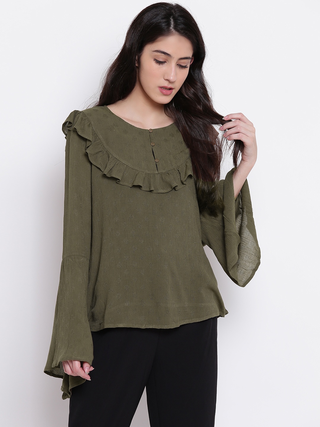 

ONLY Women Olive Green Self Design Top With Ruffle Detailing
