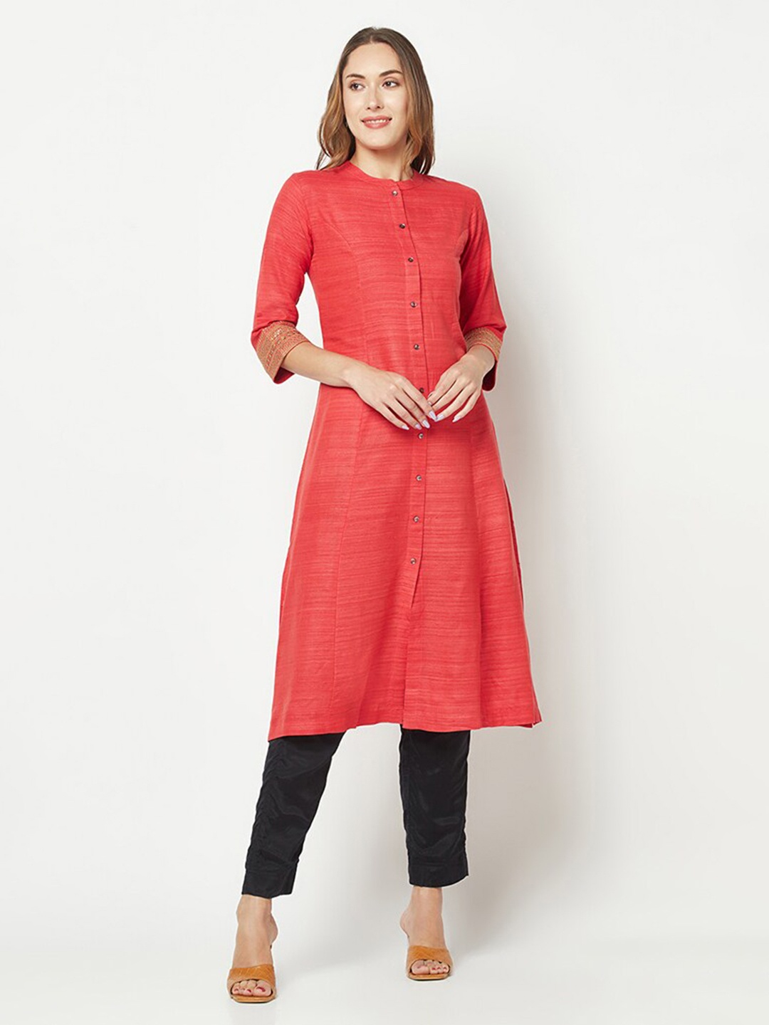 

BARARA ETHNIC Band Collar Thread Work Straight Kurta, Red
