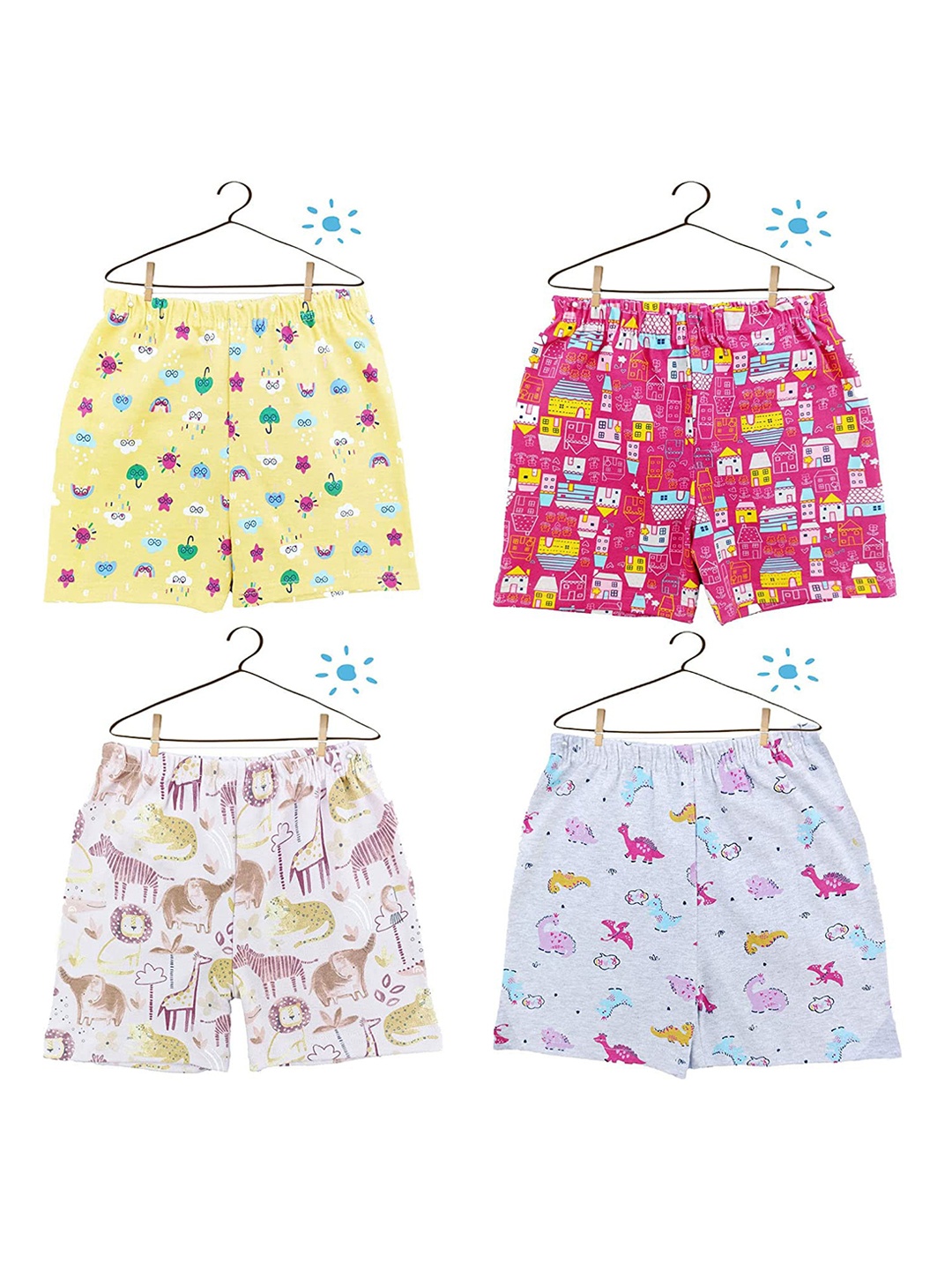 

EIO Kids Pack of 4 Graphic Printed Mid Rise Cotton Shorts, Pink